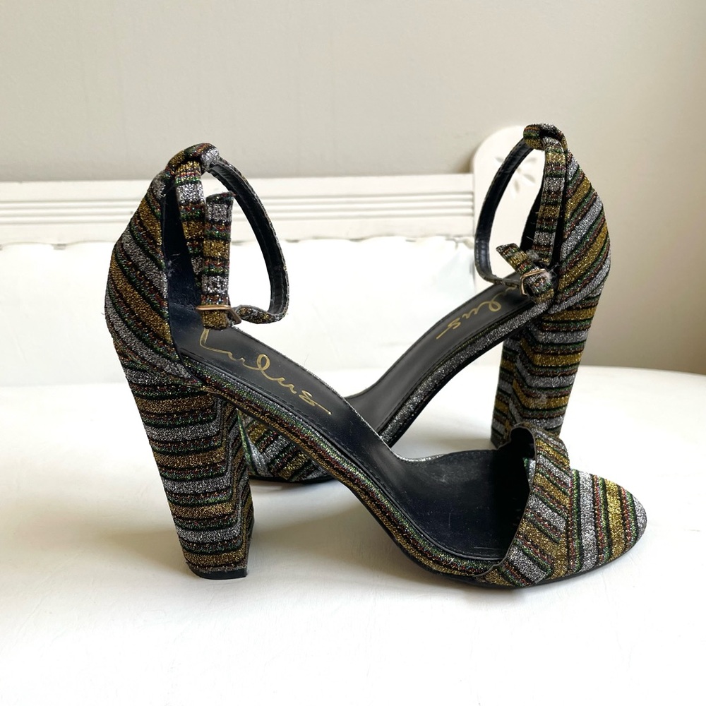 LULUS METALLIC STRIPES BLOCK HEEL OPRN TOE SANDAL SHOE GOLD SILVER GREEN BLACK